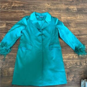 Green silk Blazer dress with fuzzy sleeve cuffs